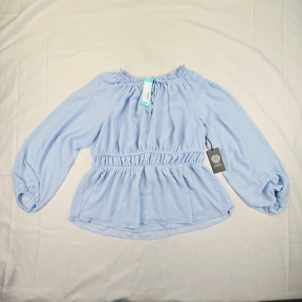 Vince Camuto Women's Smocked Waist Peplum Blouse Size Medium Blue Bishop Sleeve
